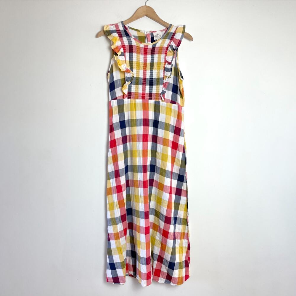 St John's Bay Plaid Gingham Maxi Dress Sz S Ruffle trim Cottage Farmhouse Picnic